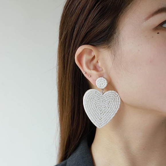 Handmade Large White Heart Beaded Earrings Bead Hearts Statement Jewelry New - Picture 7 of 8